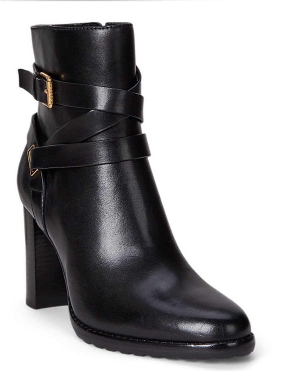 🖤 Lauren Ralph Lauren Black Collins Burnished Calf Buckle-Strap Leather Bootie